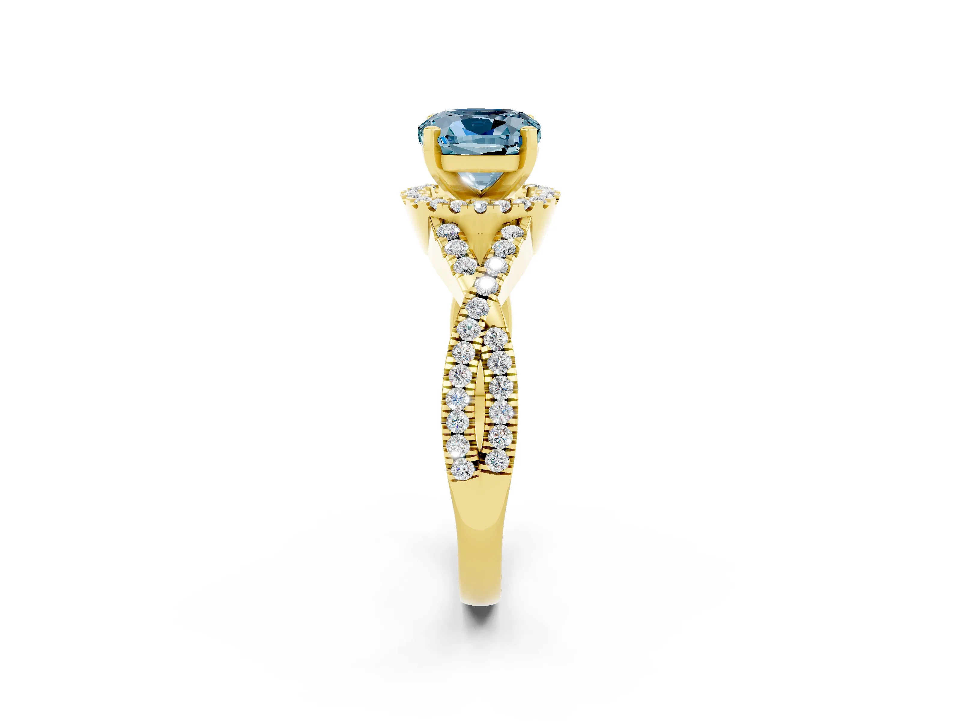 Yellow gold Cushion Cut Aquamarine Halo Twist Band Solitaire Prong Setting Ring_2