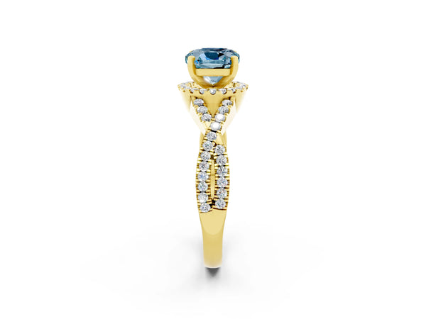 Yellow gold Cushion Cut Aquamarine  Halo Twist Band Solitaire Prong Setting Ring