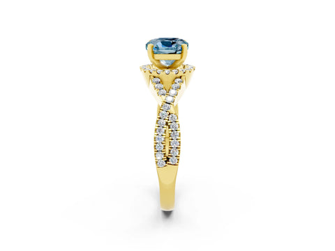 Yellow gold Cushion Cut Aquamarine Halo Twist Band Solitaire Prong Setting Ring_2