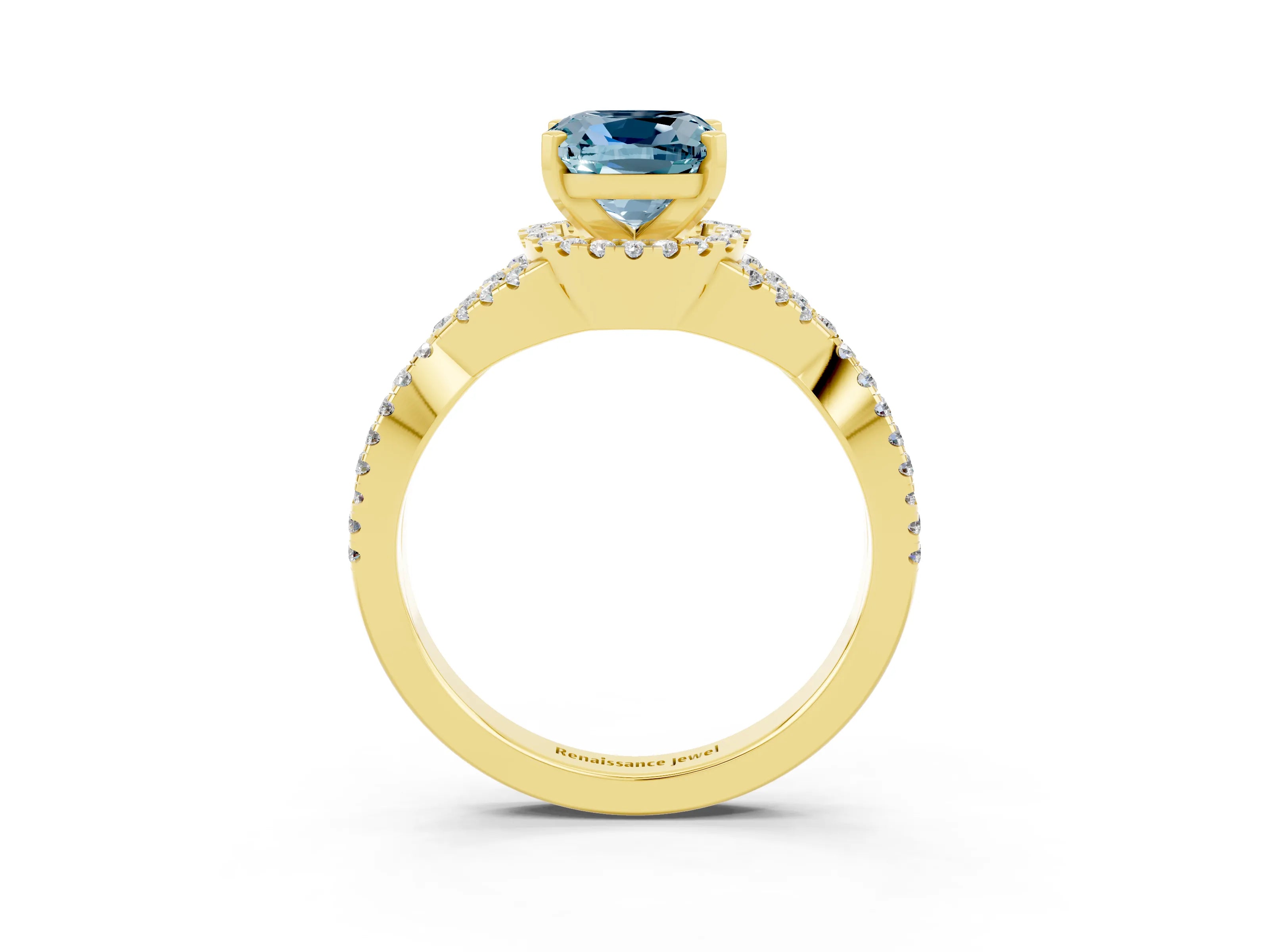 Yellow gold Cushion Cut Aquamarine Halo Twist Band Solitaire Prong Setting Ring_3