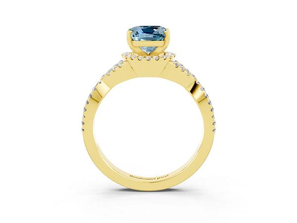 Yellow gold Cushion Cut Aquamarine  Halo Twist Band Solitaire Prong Setting Ring