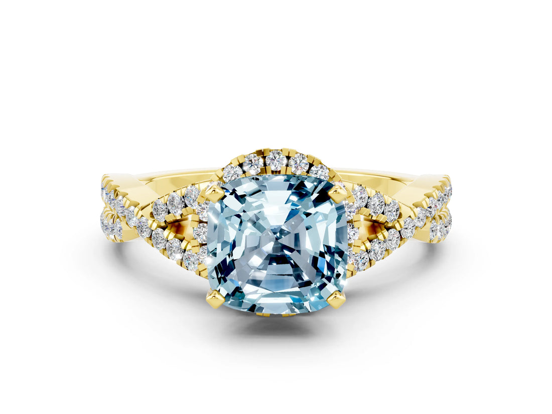 Yellow gold Cushion Cut Aquamarine  Halo Twist Band Solitaire Prong Setting Ring_42