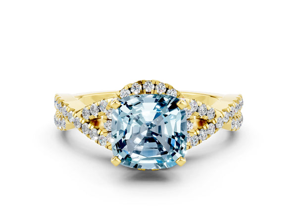 Yellow gold Cushion Cut Aquamarine  Halo Twist Band Solitaire Prong Setting Ring