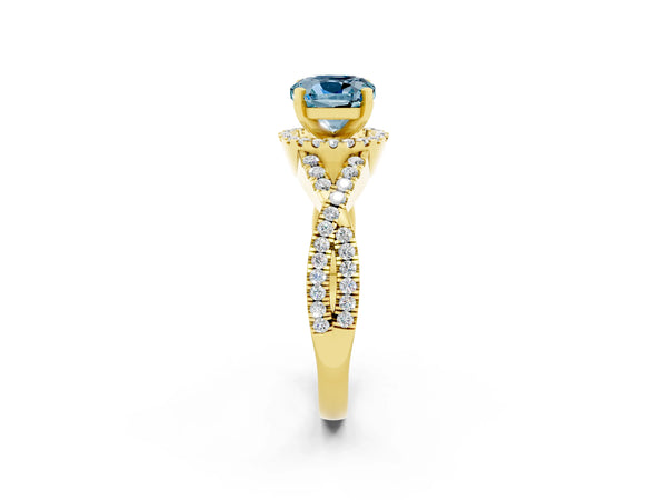 Yellow gold Cushion Cut Aquamarine  Halo Twist Band Solitaire Prong Setting Ring
