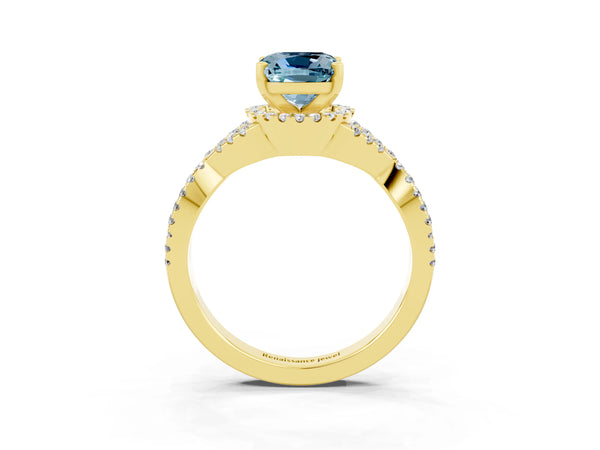 Yellow gold Cushion Cut Aquamarine  Halo Twist Band Solitaire Prong Setting Ring