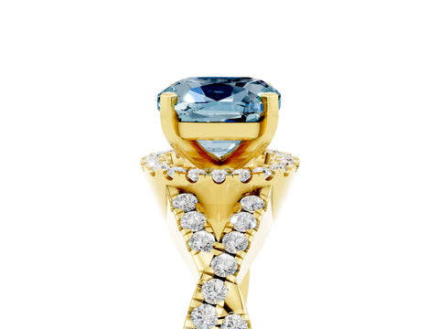 Yellow gold Cushion Cut Aquamarine Halo Twist Band Solitaire Prong Setting Ring_5