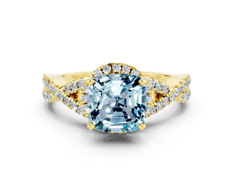 Yellow gold Cushion Cut Aquamarine Halo Twist Band Solitaire Prong Setting Ring