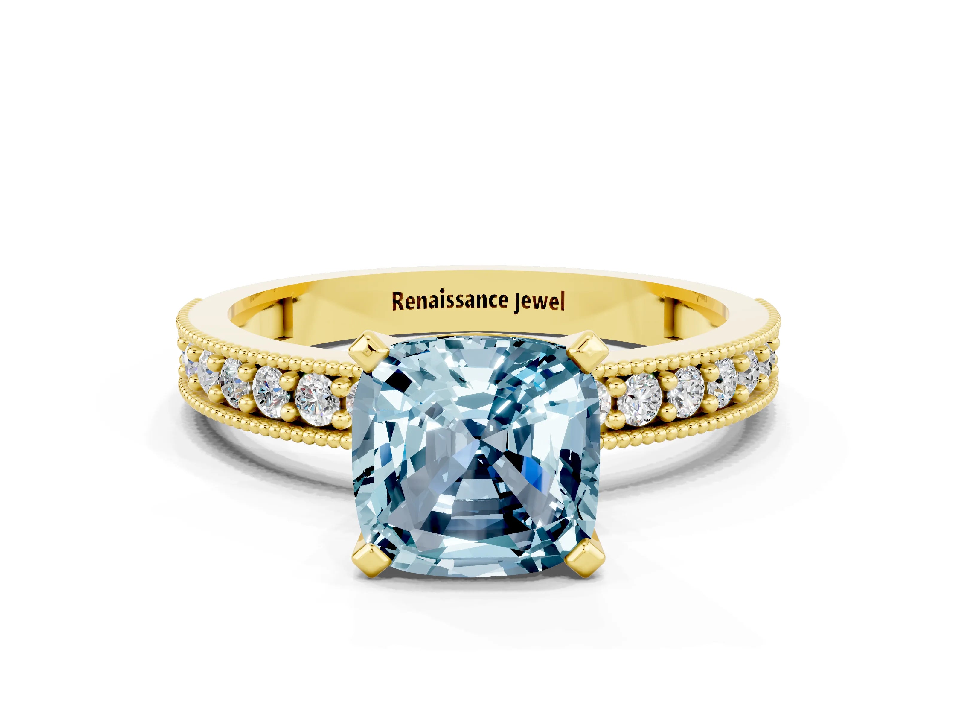 Yellow gold Cushion Cut Aquamarine Milgrain Pavé Engagement Ring with Four-Prong Setting_12
