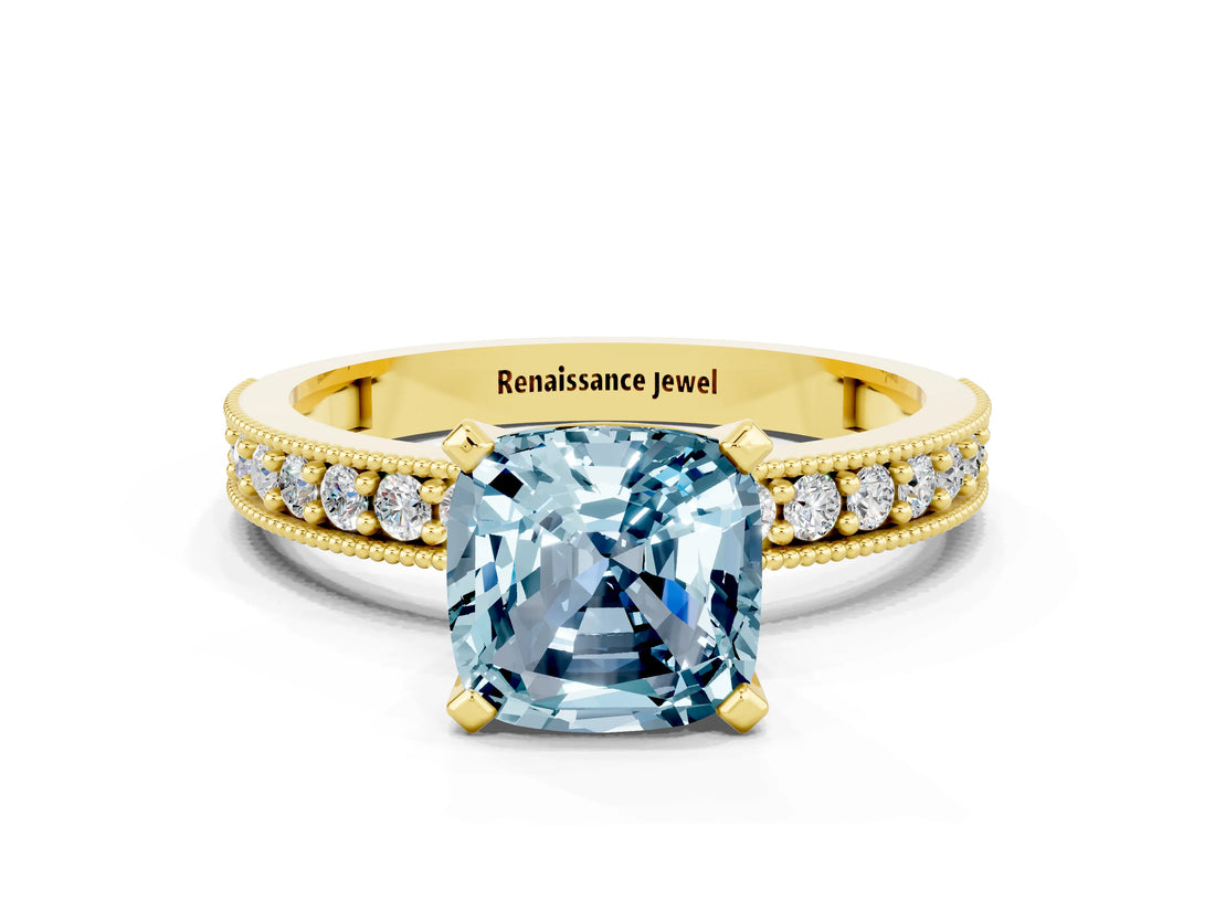 Yellow gold Cushion Cut Aquamarine Milgrain Pavé Engagement Ring with Four-Prong Setting_12
