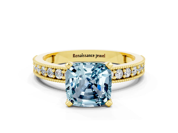 Yellow gold Cushion Cut Aquamarine Milgrain Pavé Engagement Ring with Four-Prong Setting