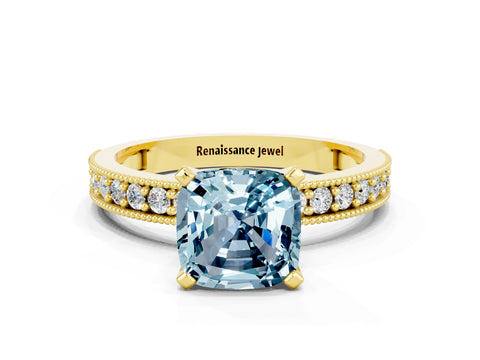 Yellow gold Cushion Cut Aquamarine Milgrain Pavé Engagement Ring with Four-Prong Setting_12