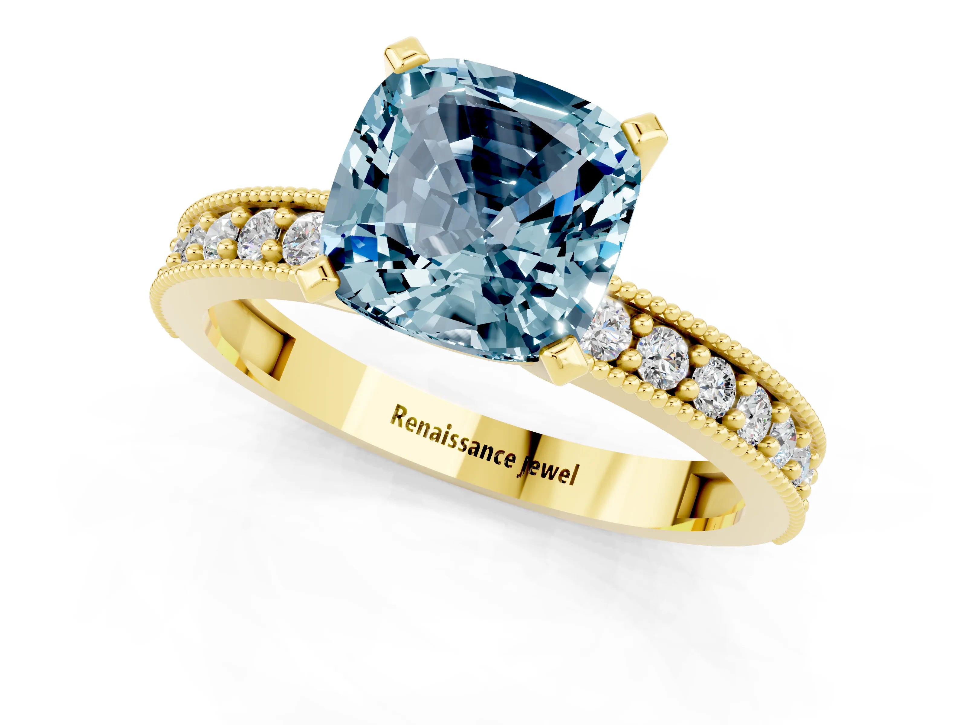 Yellow gold Cushion Cut Aquamarine Milgrain Pavé Engagement Ring with Four-Prong Setting_13