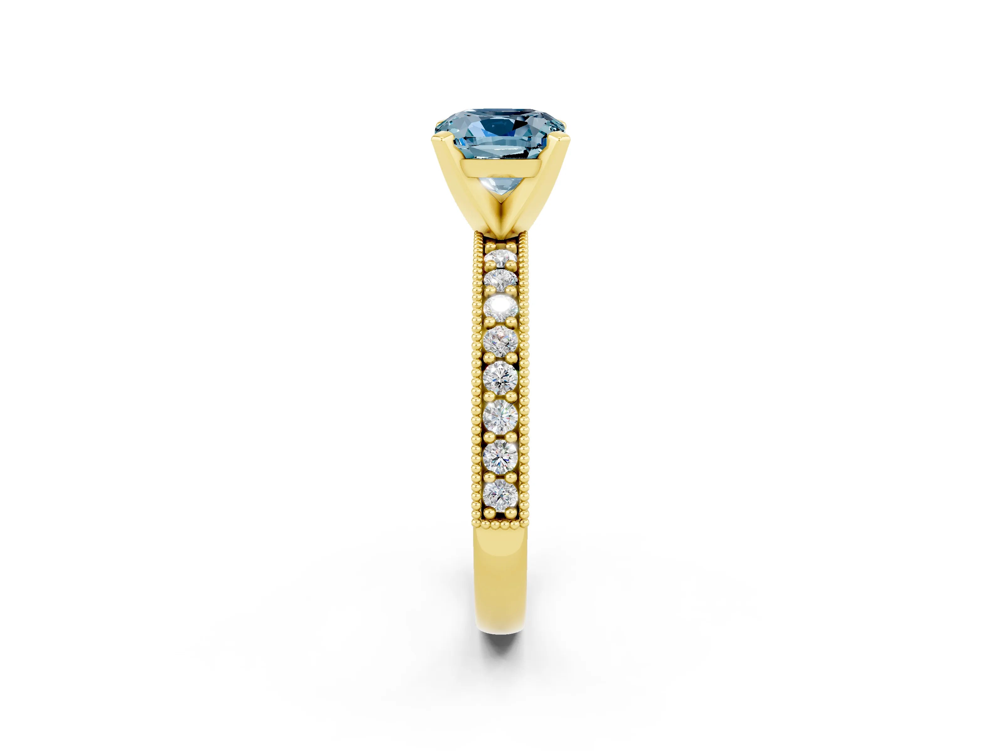 Yellow gold Cushion Cut Aquamarine Milgrain Pavé Engagement Ring with Four-Prong Setting_14