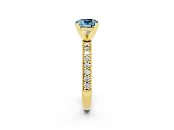 Yellow gold Cushion Cut Aquamarine Milgrain Pavé Engagement Ring with Four-Prong Setting