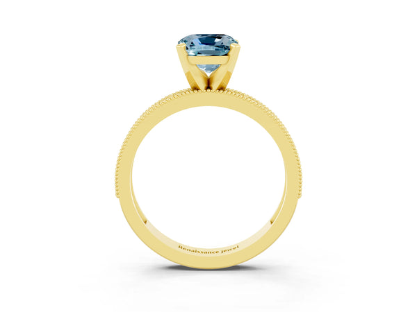 Yellow gold Cushion Cut Aquamarine Milgrain Pavé Engagement Ring with Four-Prong Setting