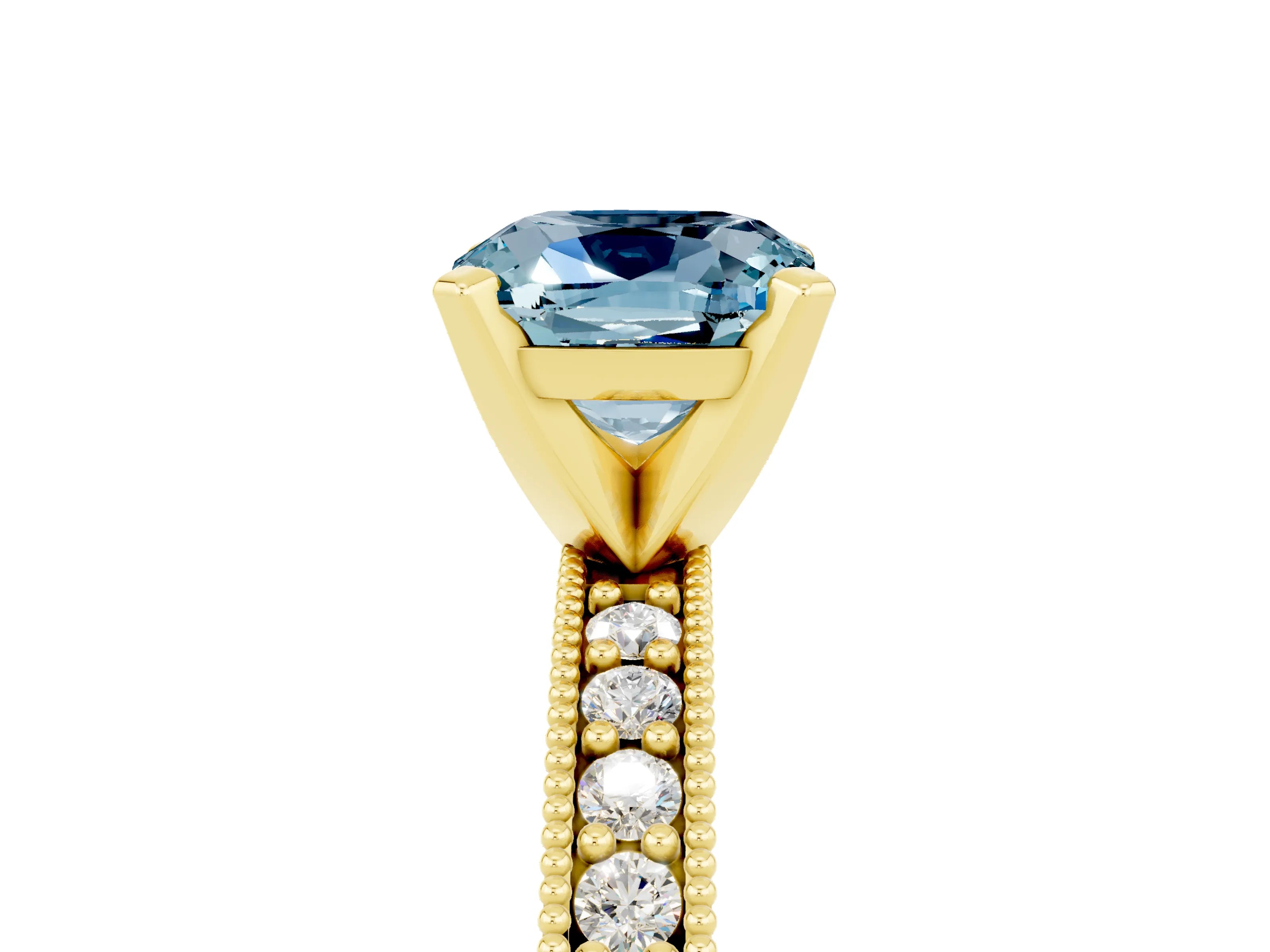 Yellow gold Cushion Cut Aquamarine Milgrain Pavé Engagement Ring with Four-Prong Setting_17