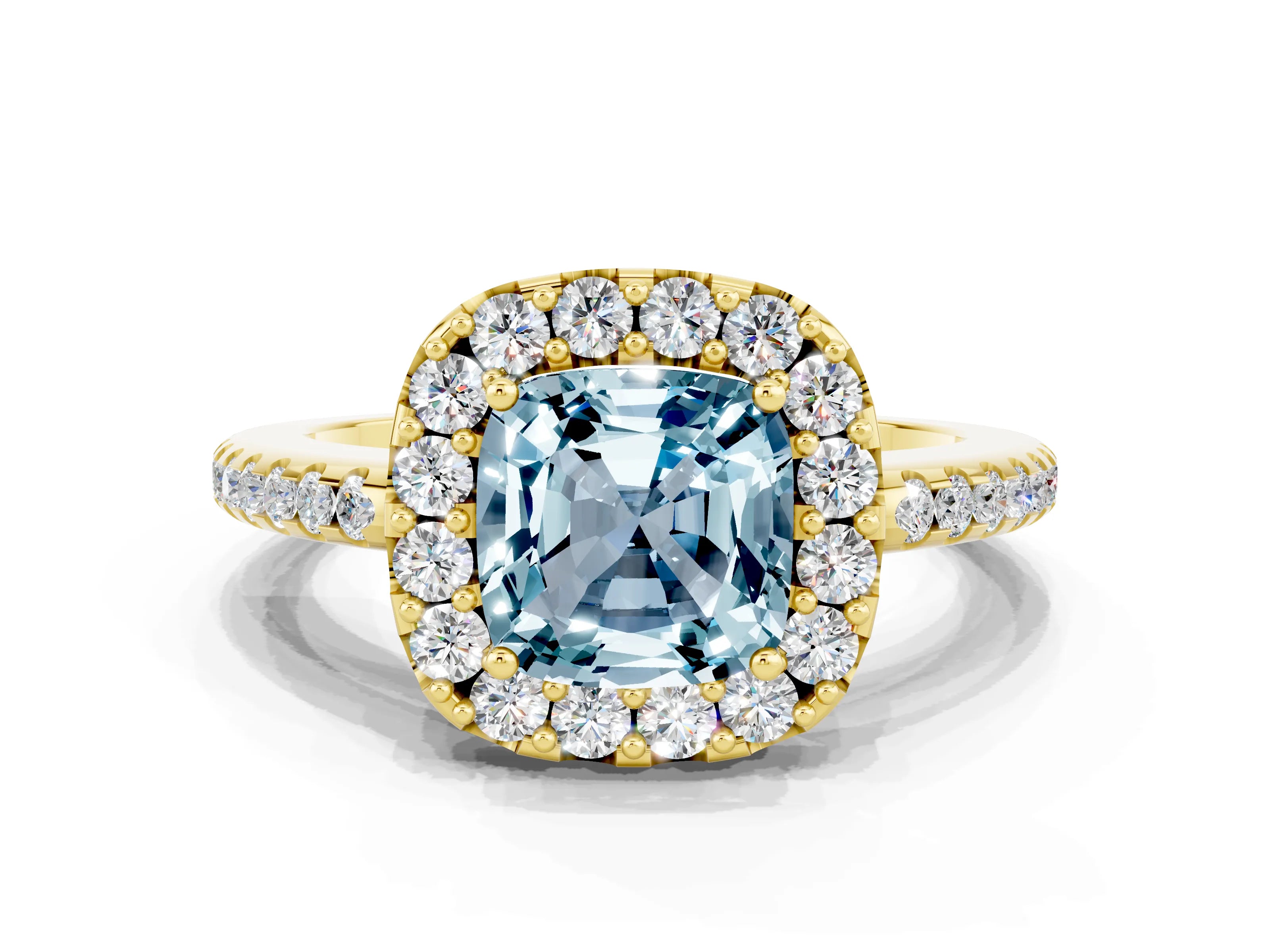 Yellow gold Cushion Cut Aquamarine Pavé Halo Ring with Four-Prong Setting_12