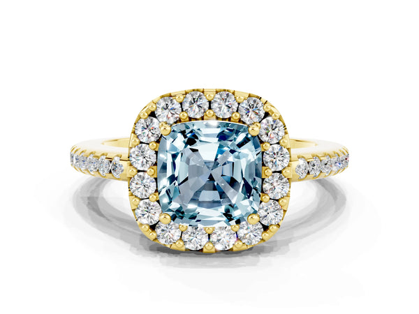 Yellow gold Cushion Cut Aquamarine Pavé Halo Ring with Four-Prong Setting