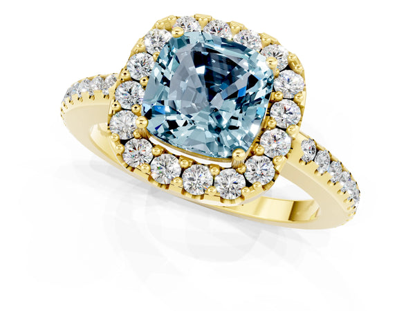 Yellow gold Cushion Cut Aquamarine Pavé Halo Ring with Four-Prong Setting