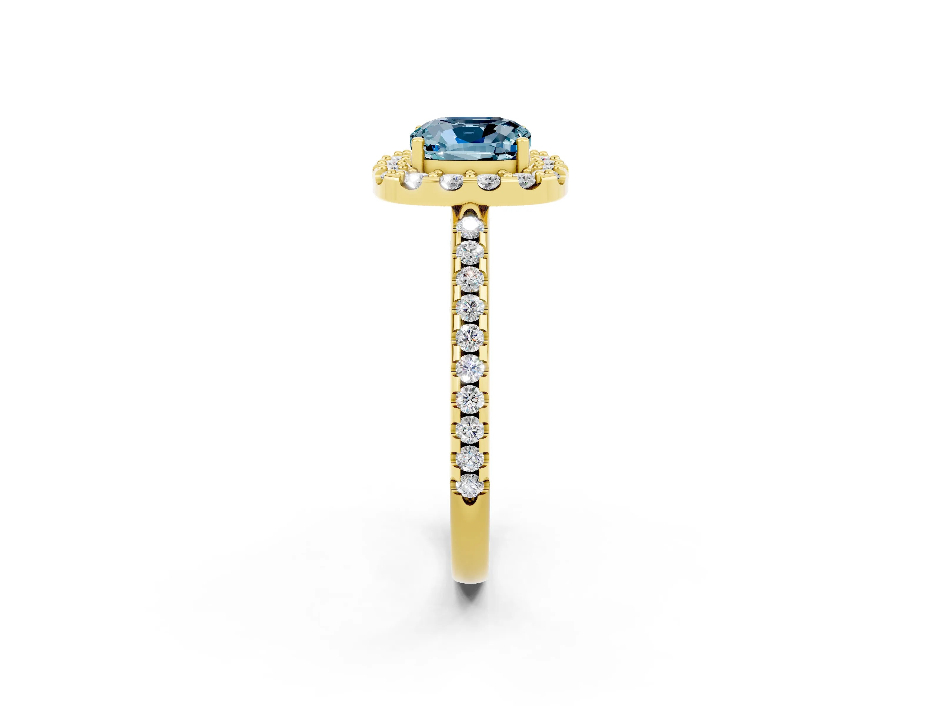 Yellow gold Cushion Cut Aquamarine Pavé Halo Ring with Four-Prong Setting_14