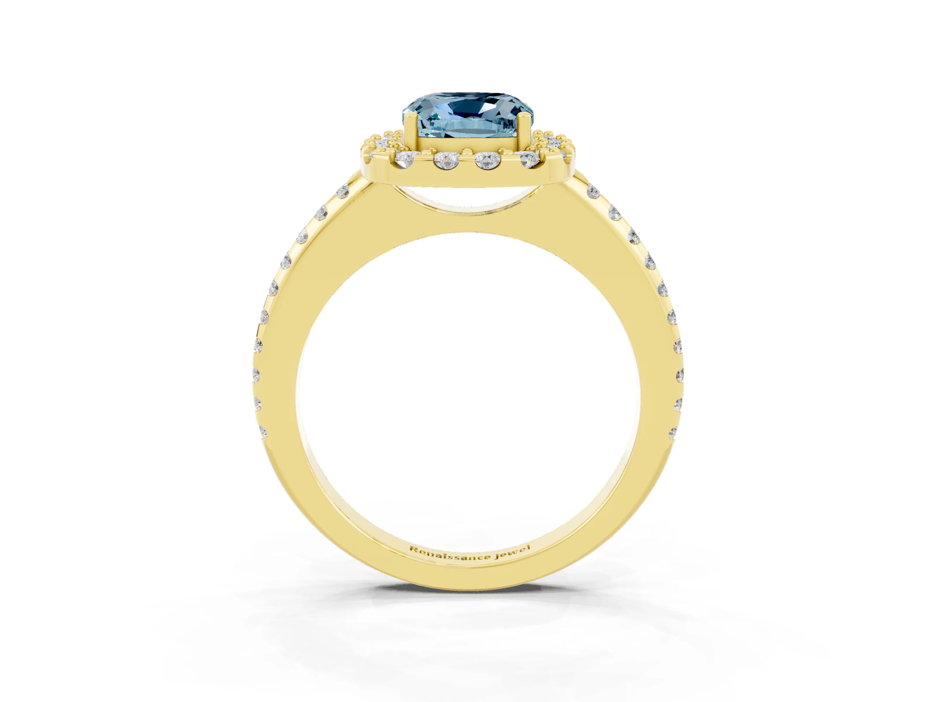Yellow gold Cushion Cut Aquamarine Pavé Halo Ring with Four-Prong Setting_15