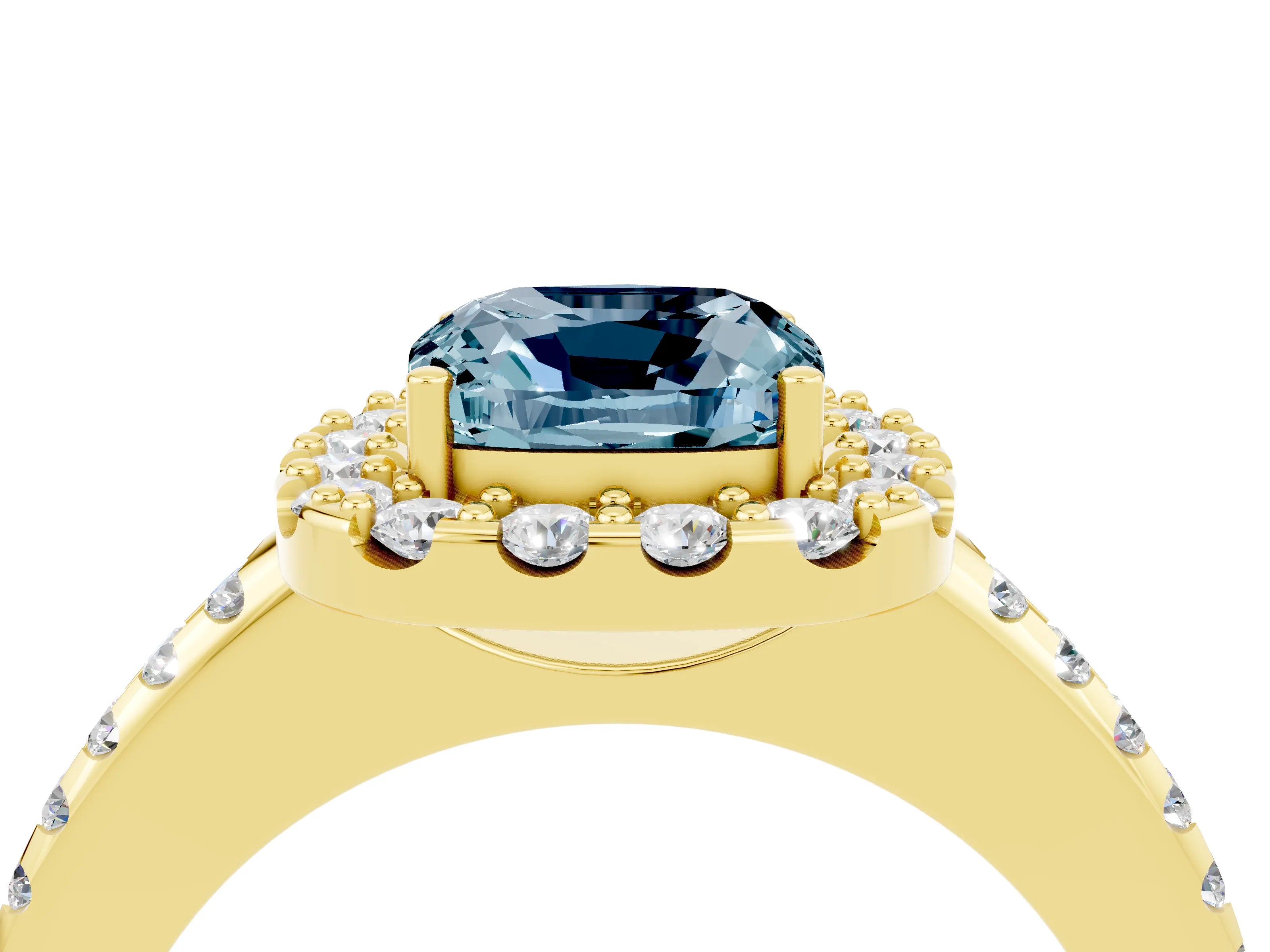 Yellow gold Cushion Cut Aquamarine Pavé Halo Ring with Four-Prong Setting_16