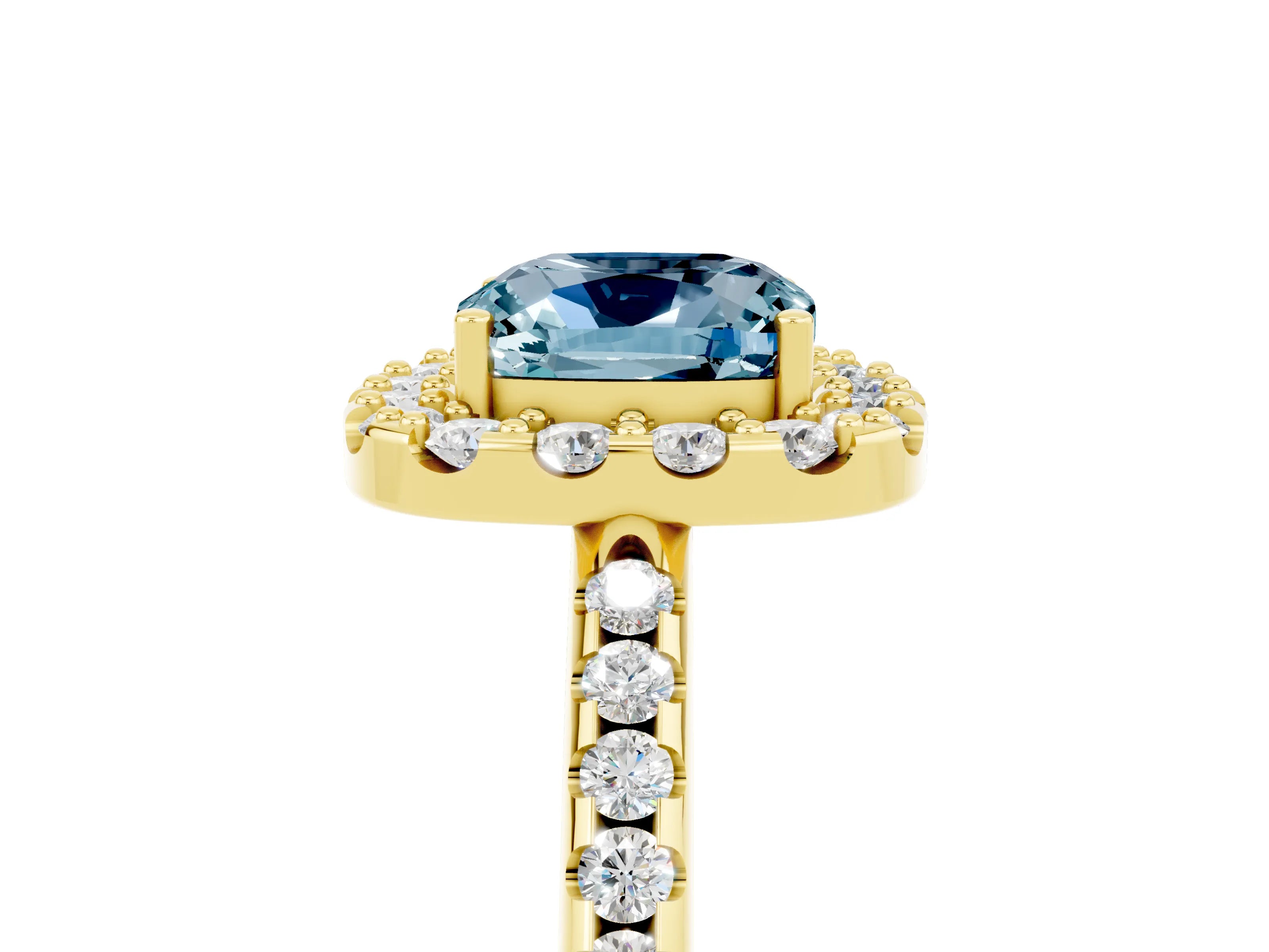 Yellow gold Cushion Cut Aquamarine Pavé Halo Ring with Four-Prong Setting_17