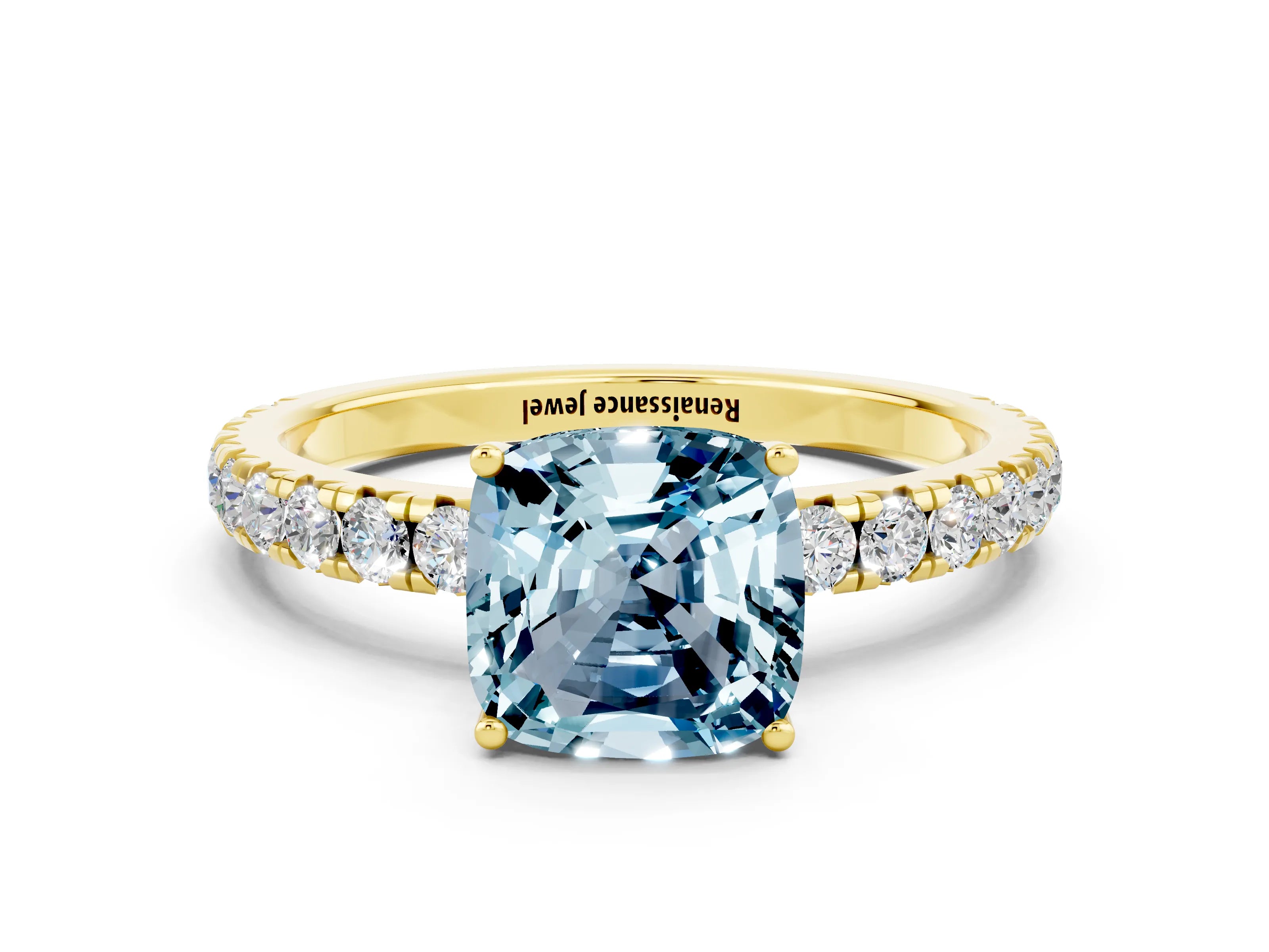 Yellow gold Cushion Cut Aquamarine Pavé Solitaire Engagement Ring with Four-Prong Setting_12