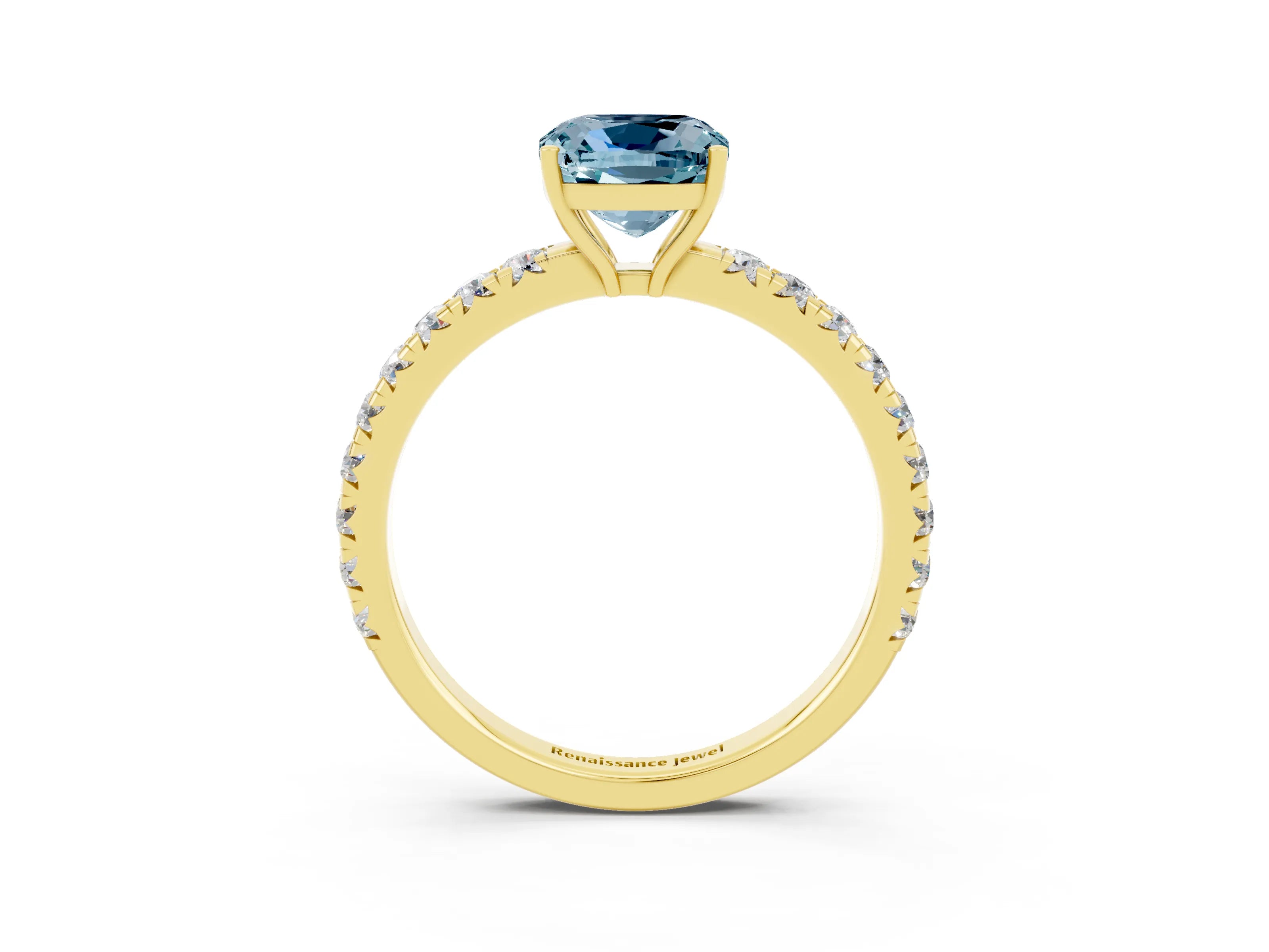 Yellow gold Cushion Cut Aquamarine Pavé Solitaire Engagement Ring with Four-Prong Setting_15