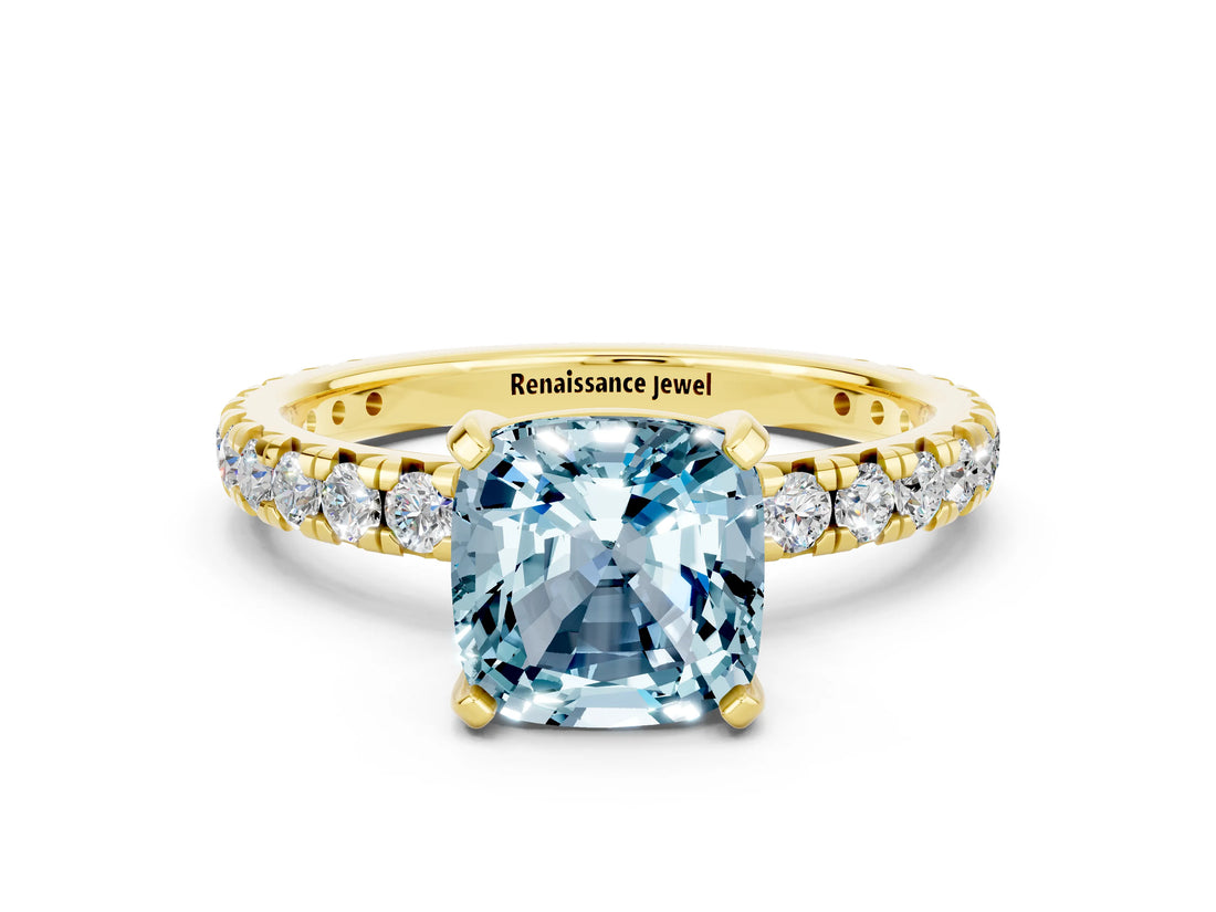 Yellow gold Cushion Cut Aquamarine Pavé Solitaire Ring with Round Band and Prong Setting_24