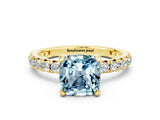 Yellow gold Cushion Cut Aquamarine Pavé Solitaire Ring with Round Band and Prong Setting_24