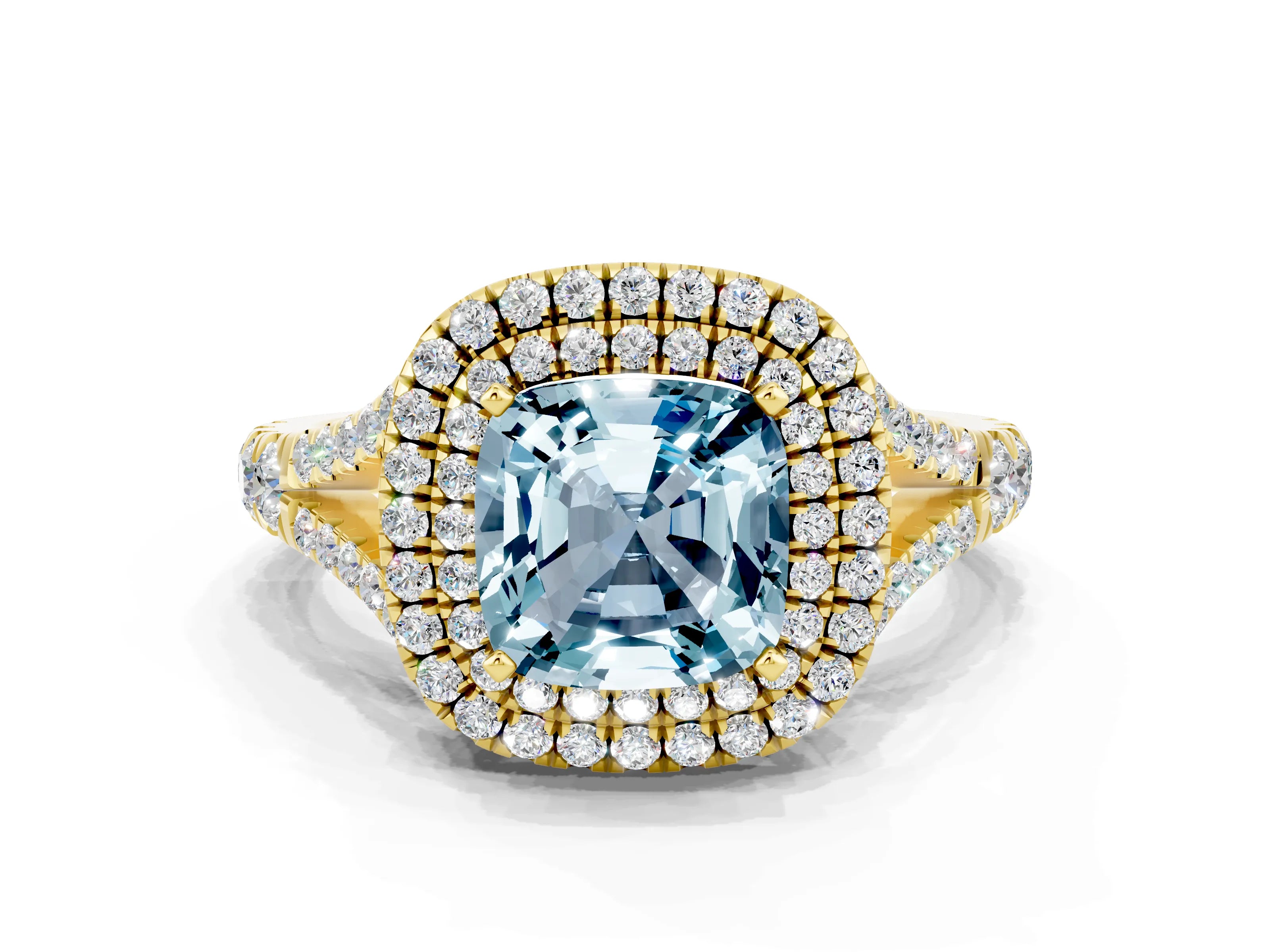 Yellow gold Cushion Cut Aquamarine Pavé Split Shank Double Halo Engagement Ring