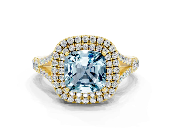 Yellow gold Cushion Cut Aquamarine Pavé Split Shank Double Halo Engagement Ring