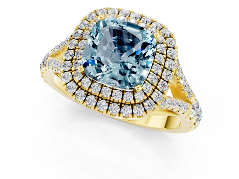 Yellow gold Cushion Cut Aquamarine Pavé Split Shank Double Halo Engagement Ring_1