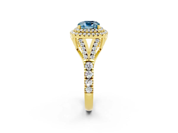 Yellow gold Cushion Cut Aquamarine Pavé Split Shank Double Halo Engagement Ring
