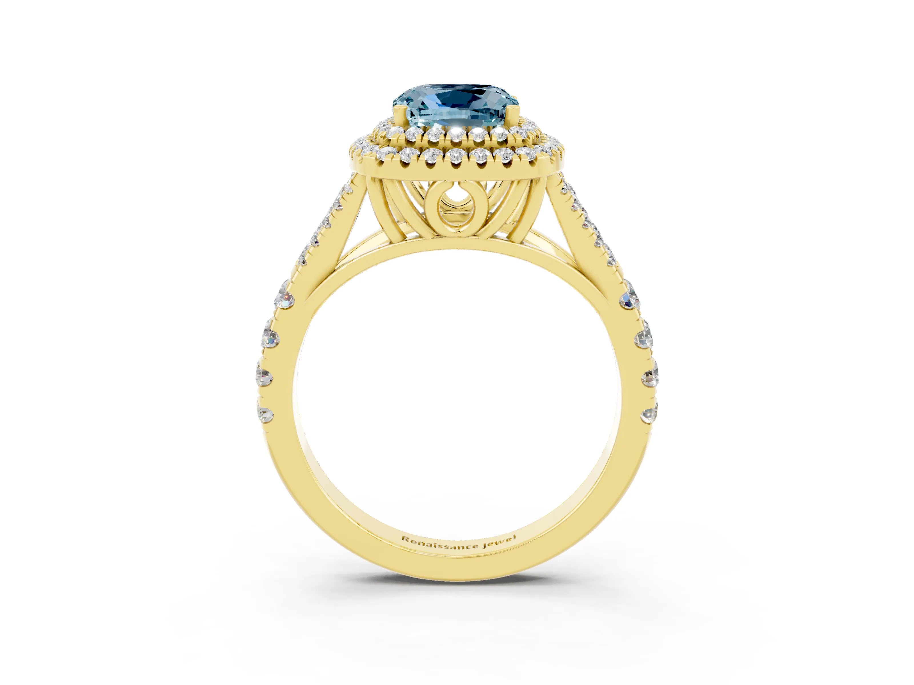 Yellow gold Cushion Cut Aquamarine Pavé Split Shank Double Halo Engagement Ring_3
