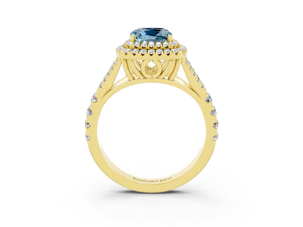 Yellow gold Cushion Cut Aquamarine Pavé Split Shank Double Halo Engagement Ring