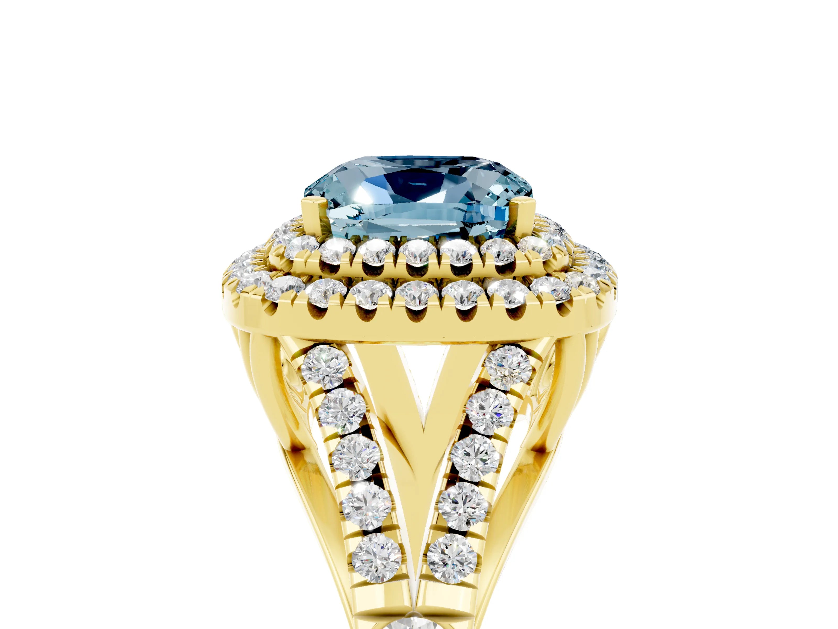 Yellow gold Cushion Cut Aquamarine Pavé Split Shank Double Halo Engagement Ring_5