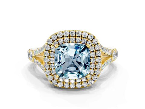 Yellow gold Cushion Cut Aquamarine Pavé Split Shank Double Halo Engagement Ring