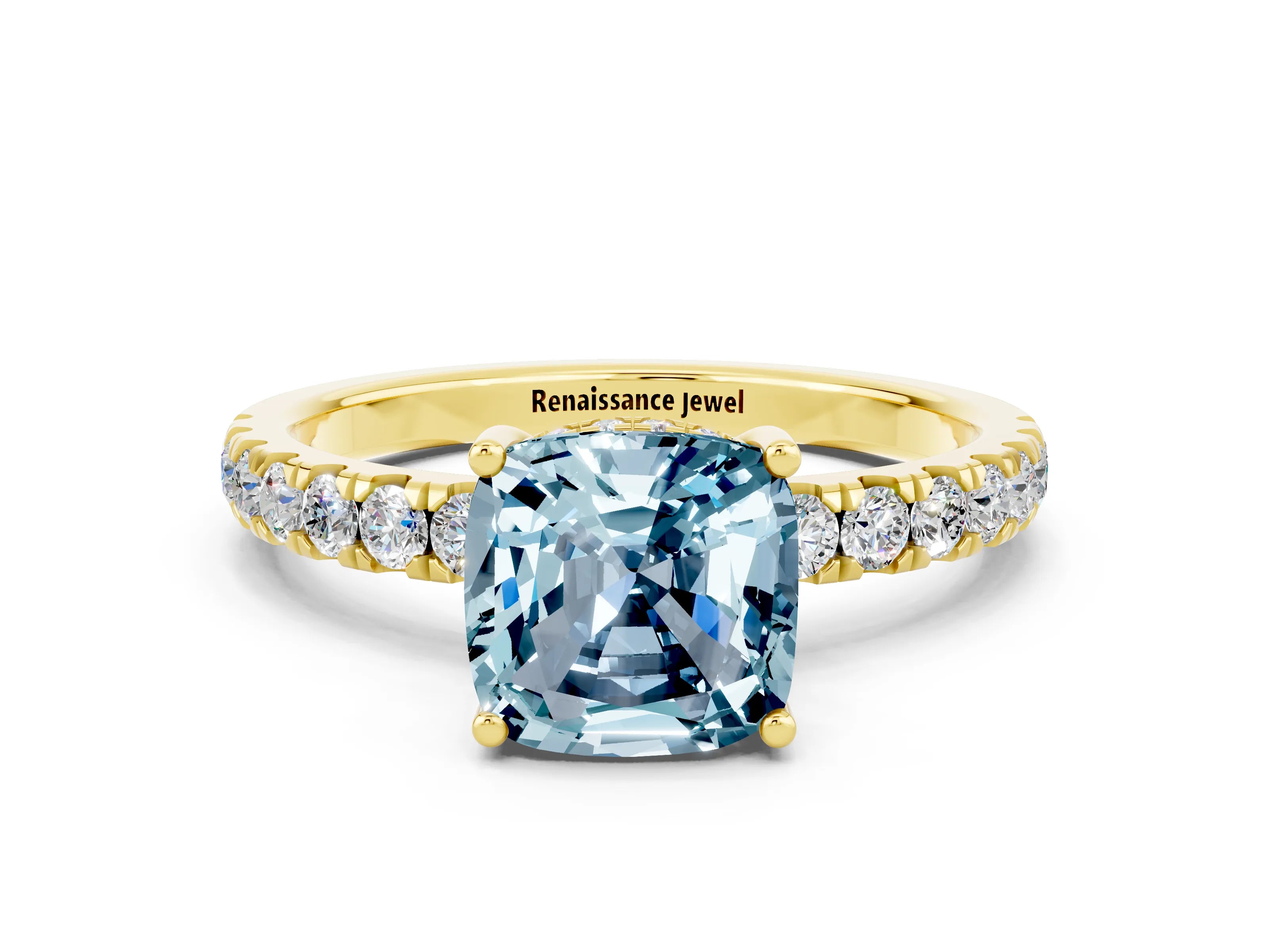 Yellow gold Cushion Cut Aquamarine Pave Band Solitaire Ring with Four-Prong Setting_24