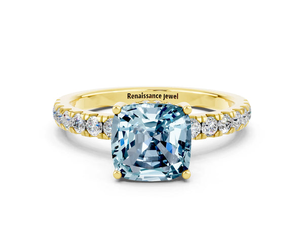 Yellow gold Cushion Cut Aquamarine Pave Band Solitaire Ring with Round  and Prong Setting