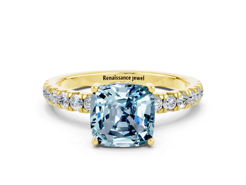 Yellow gold Cushion Cut Aquamarine Pave Band Solitaire Ring with Four-Prong Setting_24