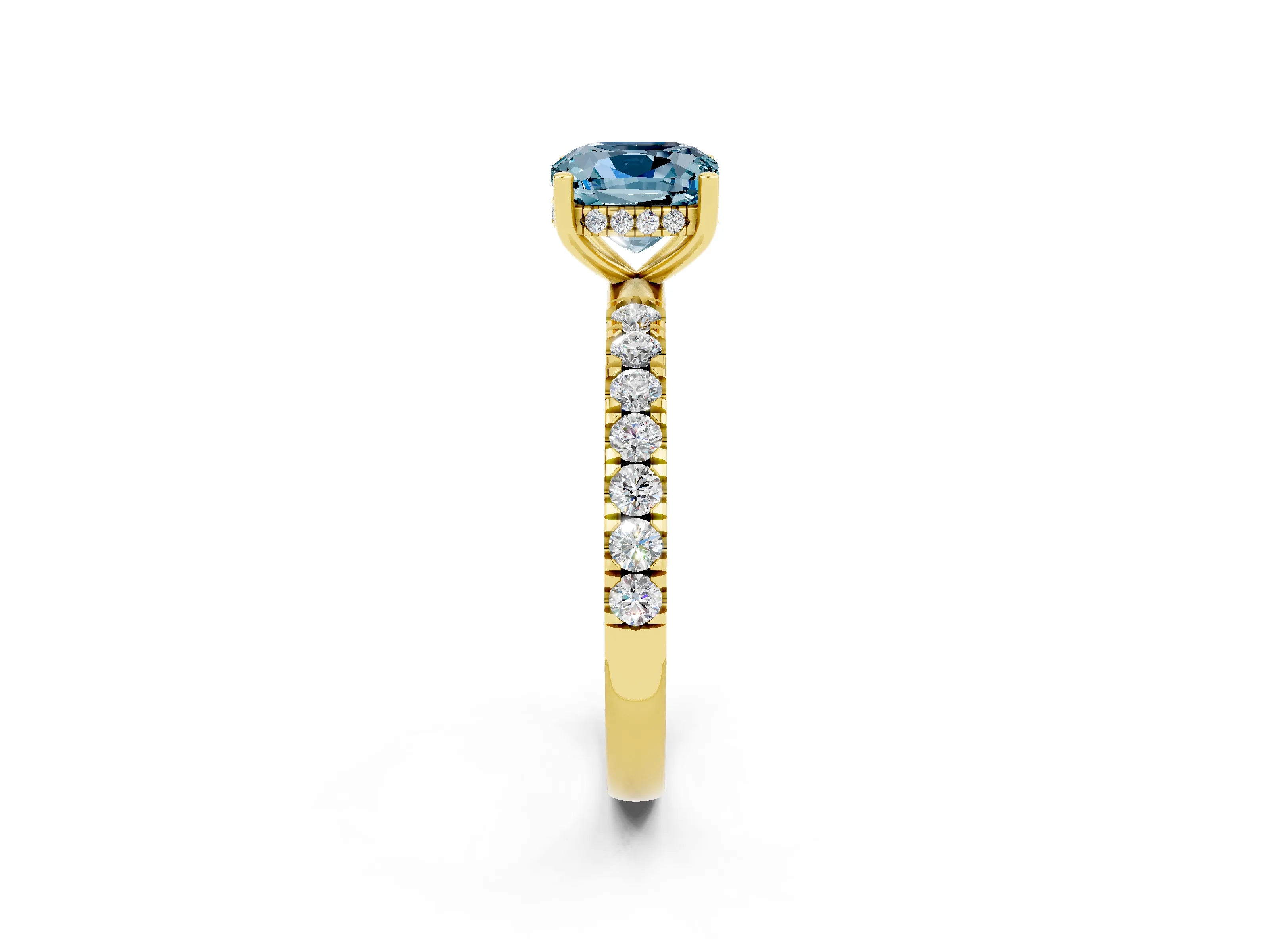 Yellow gold Cushion Cut Aquamarine Pave Band Solitaire Ring with Four-Prong Setting_26