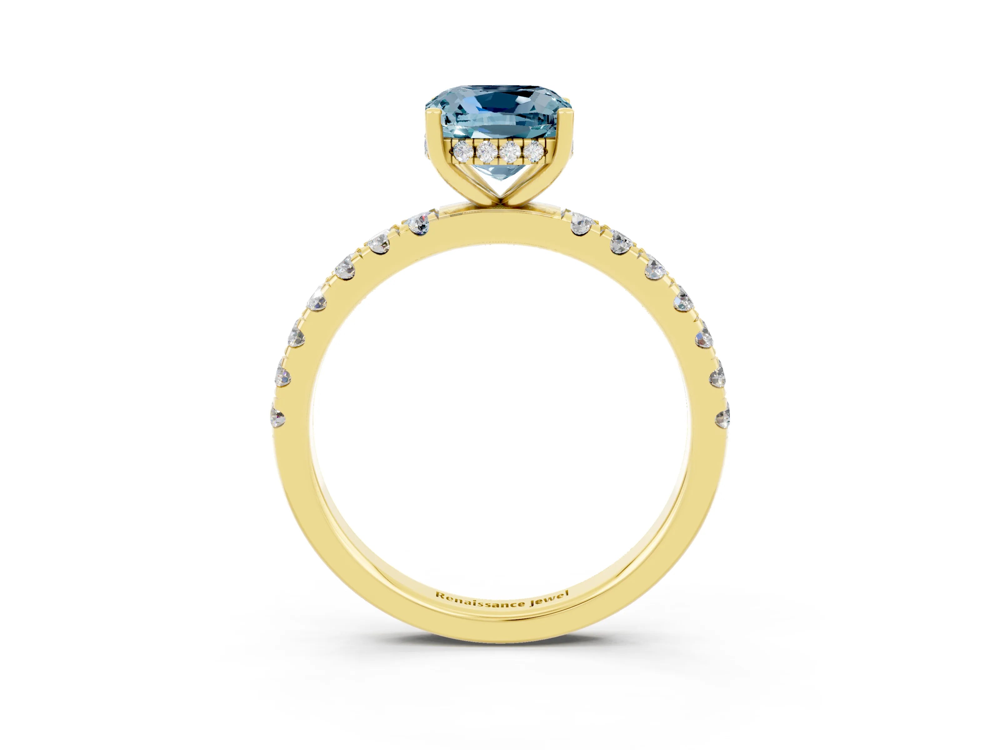 Yellow gold Cushion Cut Aquamarine Pave Band Solitaire Ring with Four-Prong Setting_27
