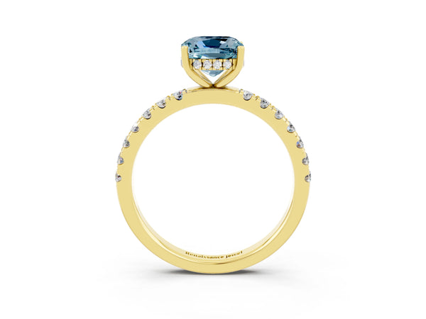 Yellow gold Cushion Cut Aquamarine Pave Band Solitaire Ring with Round  and Prong Setting