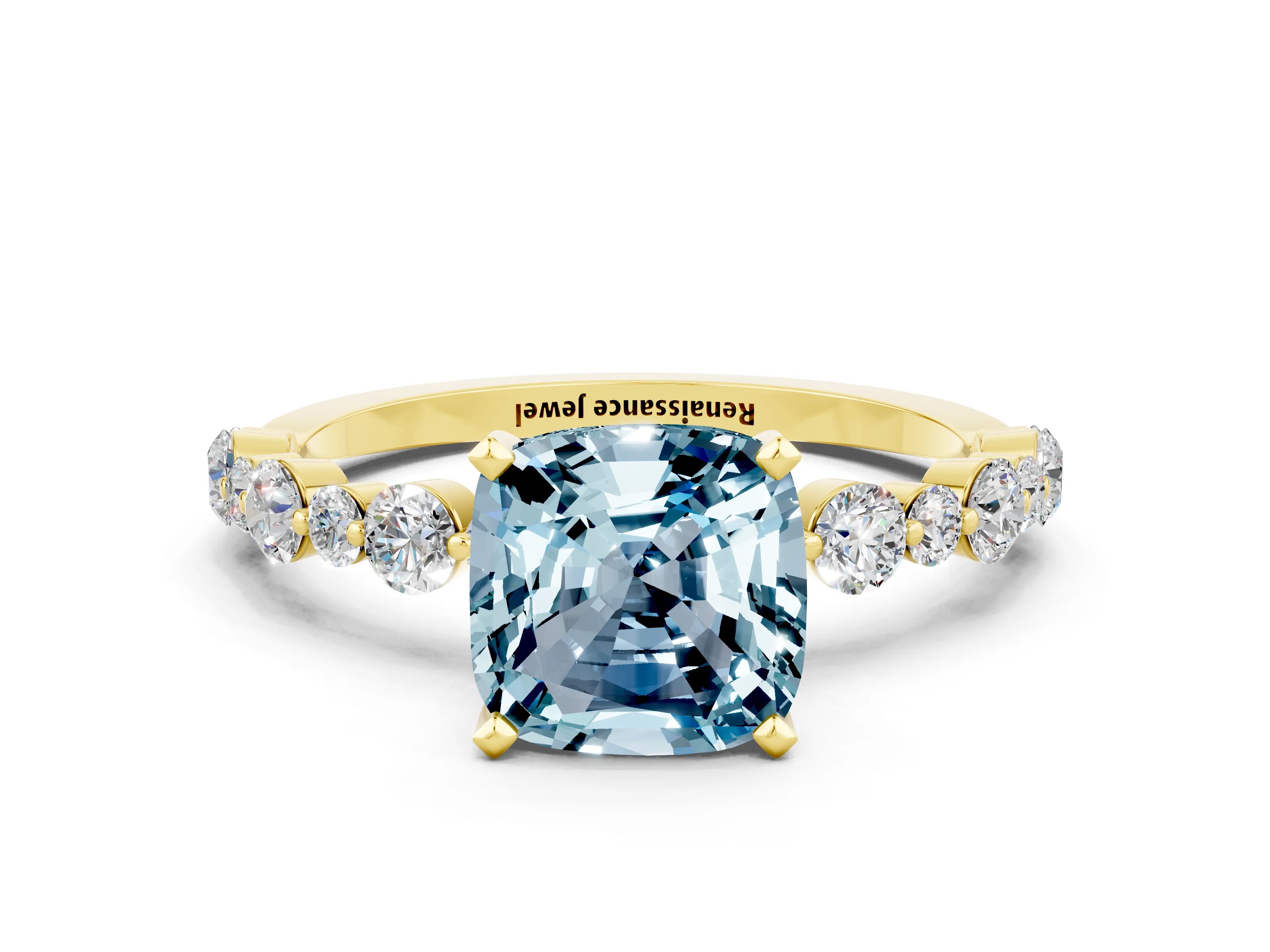 Yellow gold Cushion Cut Aquamarine Prong Set Engagement Ring with Pavé Band