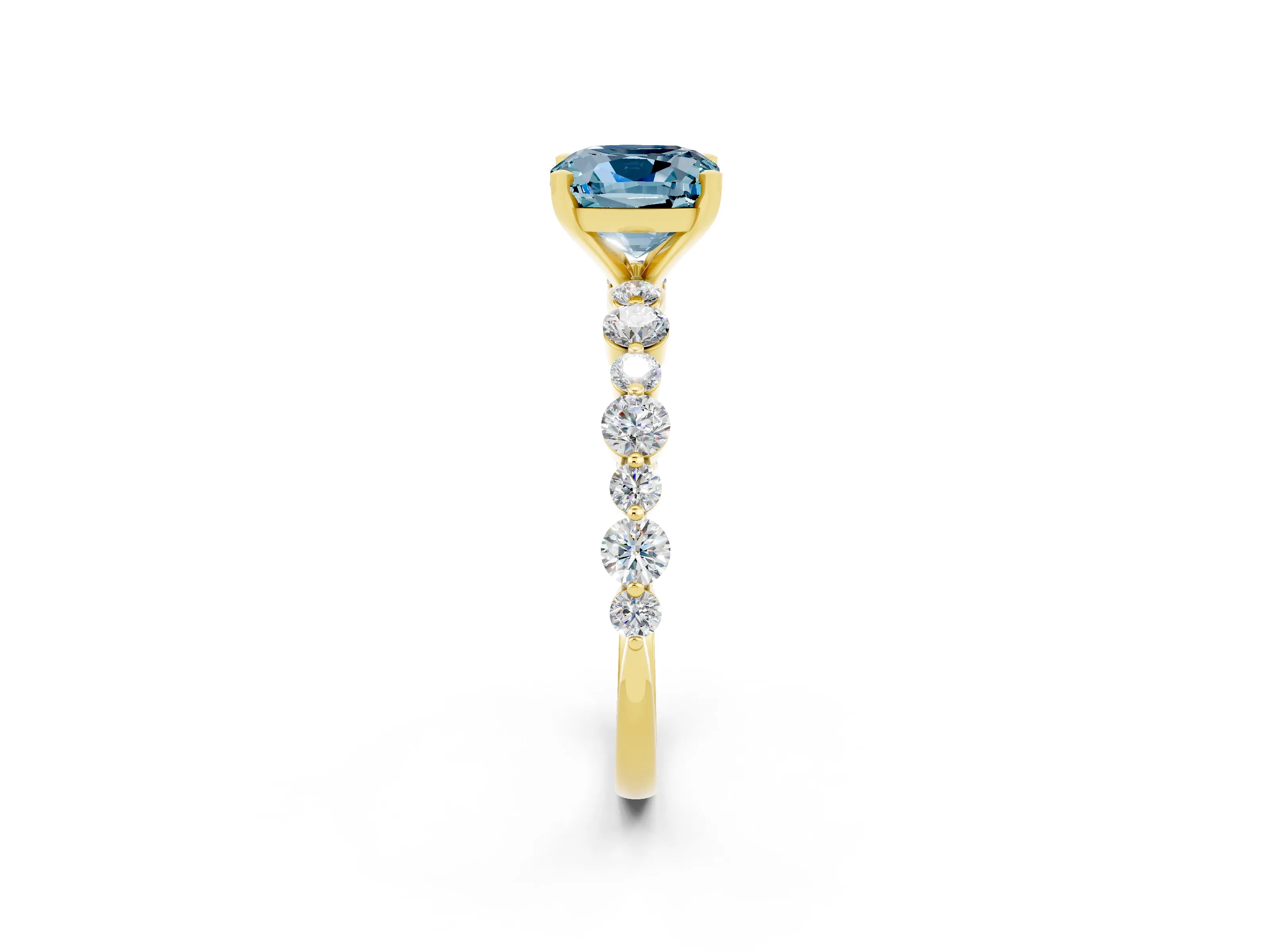 Yellow gold Cushion Cut Aquamarine Prong Set Engagement Ring with Pavé Band_2