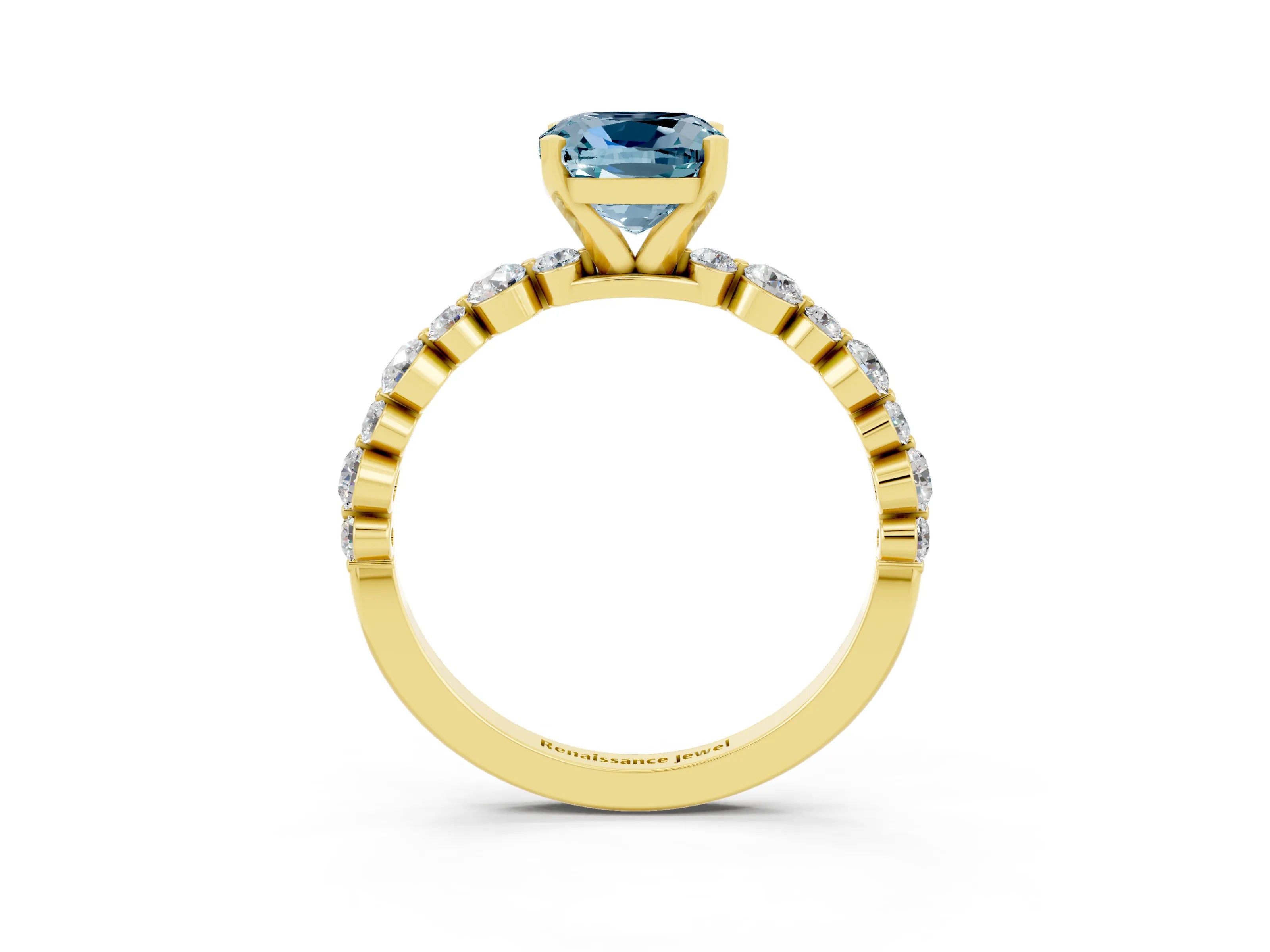Yellow gold Cushion Cut Aquamarine Prong Set Engagement Ring with Pavé Band_3
