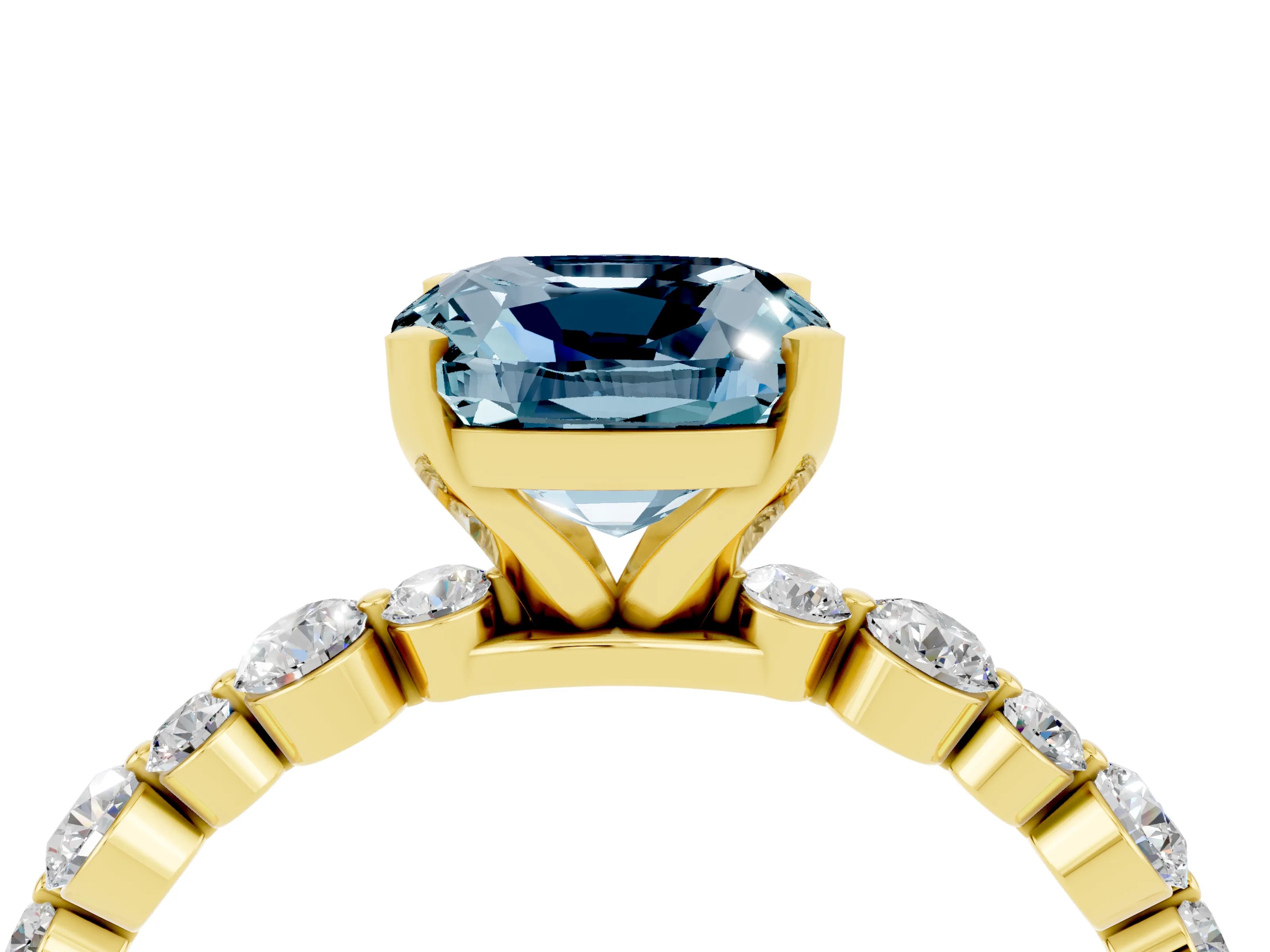 Yellow gold Cushion Cut Aquamarine Prong Set Engagement Ring with Pavé Band_4