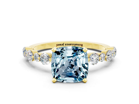 Yellow gold Cushion Cut Aquamarine Prong Set Engagement Ring with Pavé Band
